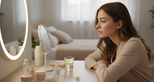 Wanita muda dengan kulit sedikit letih dan kusam, duduk di meja solek sambil memeriksa wajahnya di cermin dengan ekspresi risau. Di meja terdapat produk penjagaan kulit seperti krim, serum, dan segelas air. Cahaya semula jadi dengan tona lembut dan hangat menekankan petanda kulit kering dan kusam secara semula jadi, sesuai untuk topik penjagaan kulit dan rutin skincare.